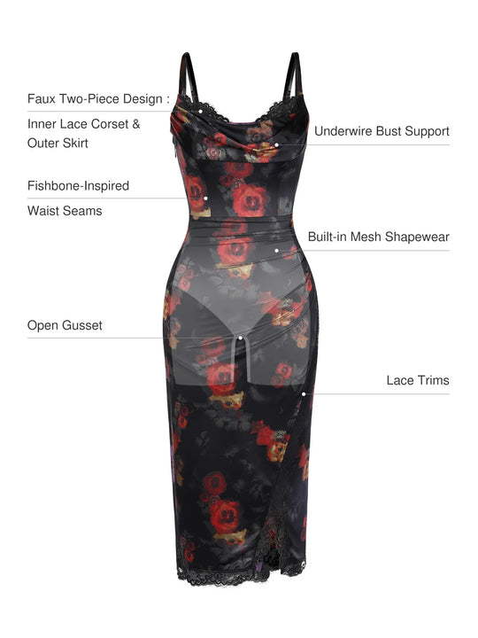 Lace Trim Sculpting Floral-Print Midi Dress