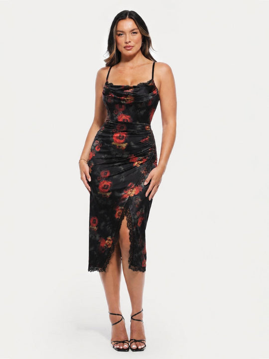 Lace Trim Sculpting Floral-Print Midi Dress