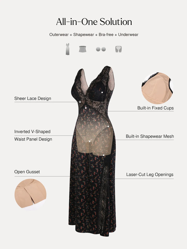 Shapewear Lace Charmeuse Deep V-Neck Tummy Control Maxi Slip Dress