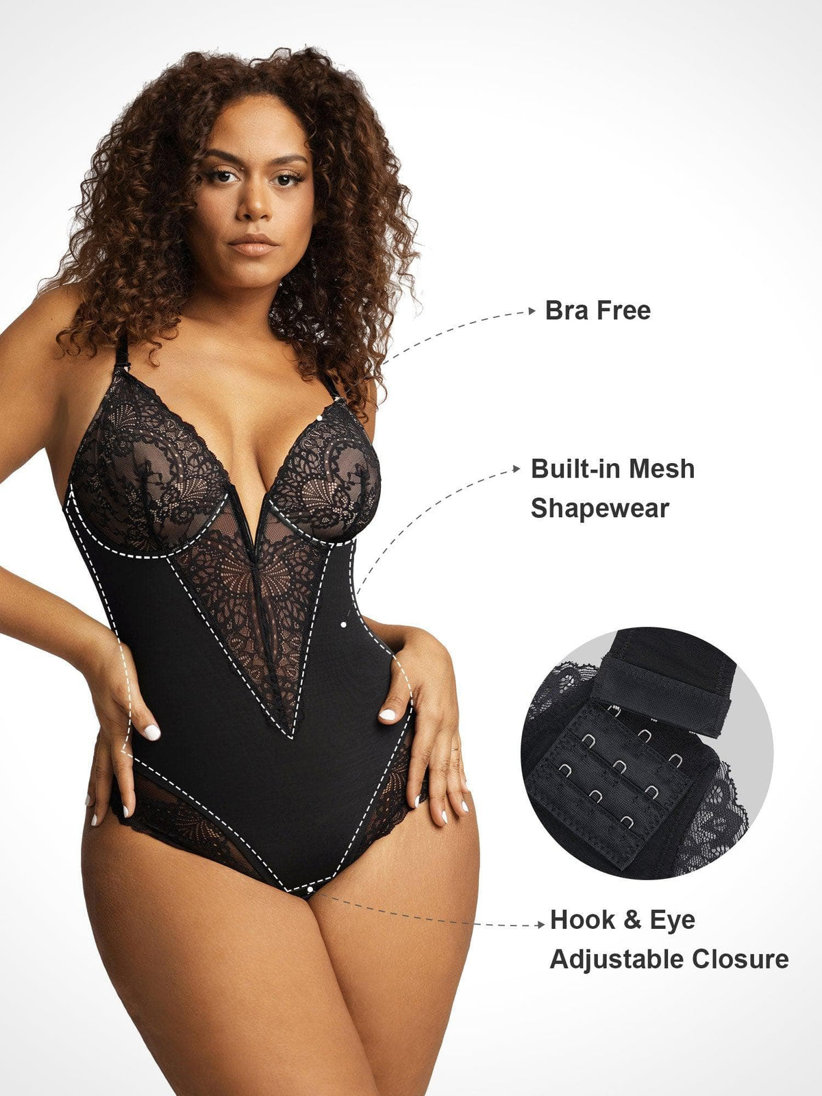Deep-V Neck Lace Shapewear Bodysuit Leather Midi Skirt Set
