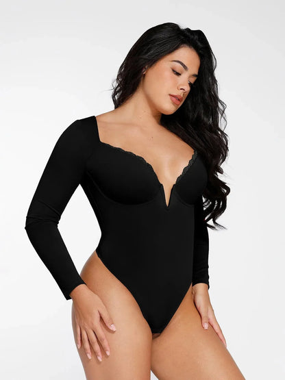 Shapewear Sculpting Lace Trim Bodysuit Midi Wrap Skirt Set