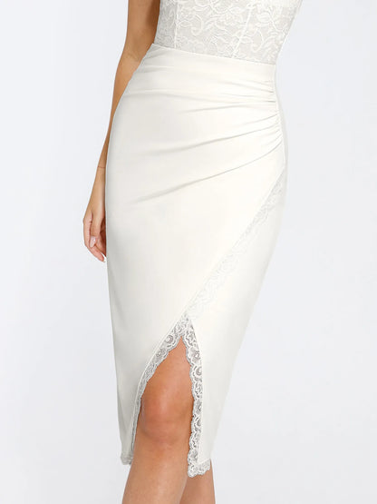 Shapewear Sculpting Lace Trim Bodysuit Midi Wrap Skirt Set