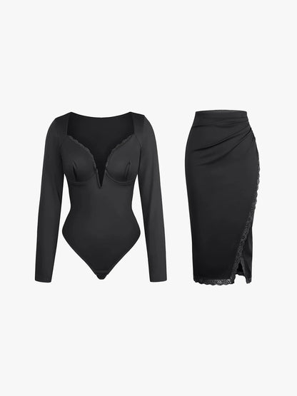 Shapewear Sculpting Lace Trim Bodysuit Midi Wrap Skirt Set