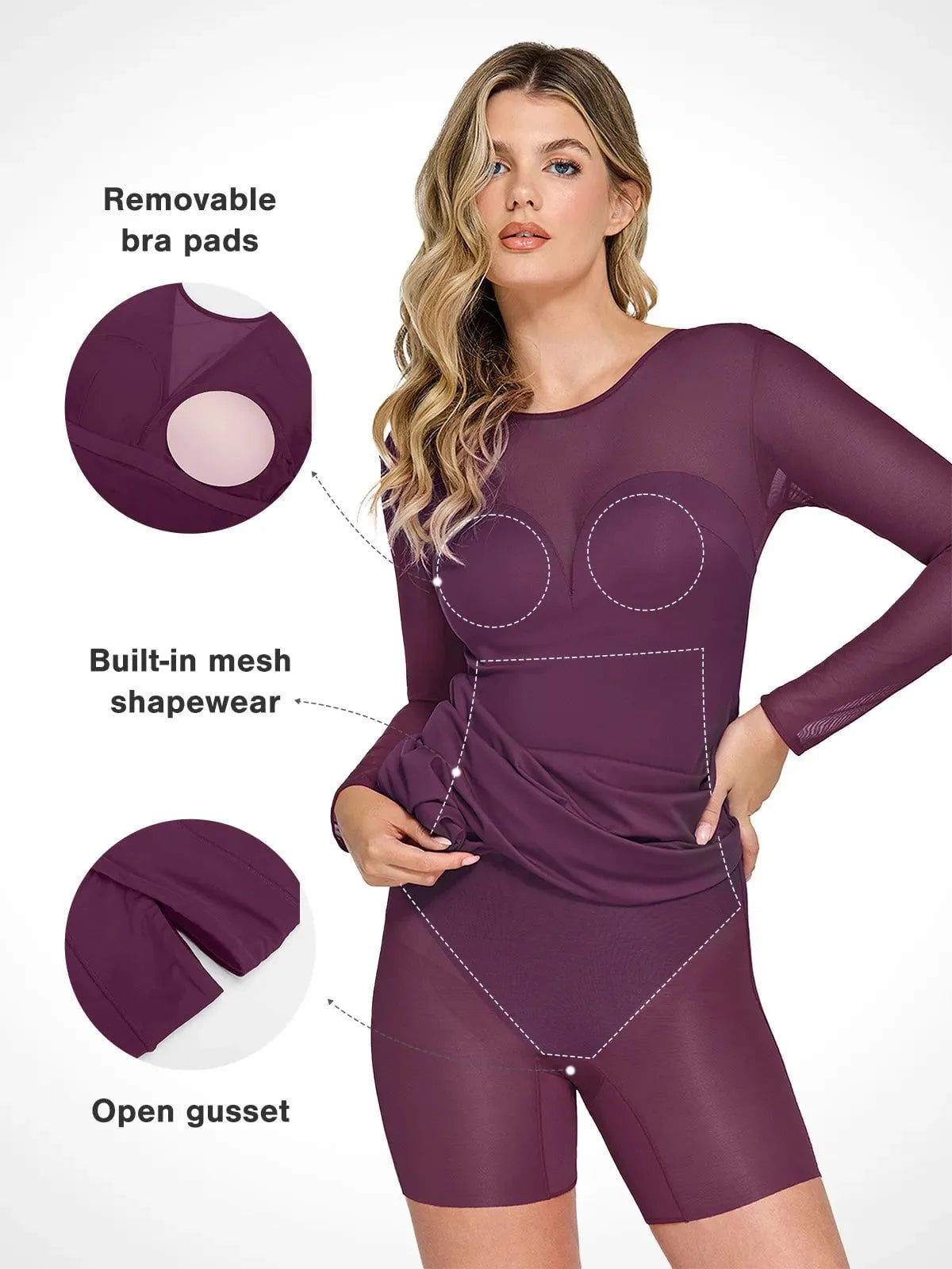Shapewear Long Sleeve Mesh V-Back Slimming Maxi Dress