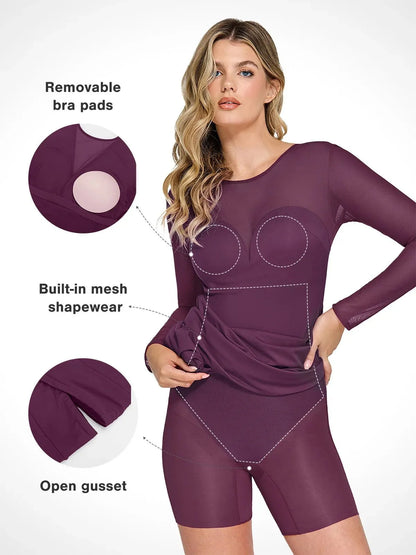 Shapewear Long Sleeve Mesh V-Back Slimming Maxi Dress