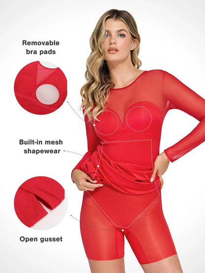 Shapewear Long Sleeve Mesh V-Back Slimming Maxi Dress