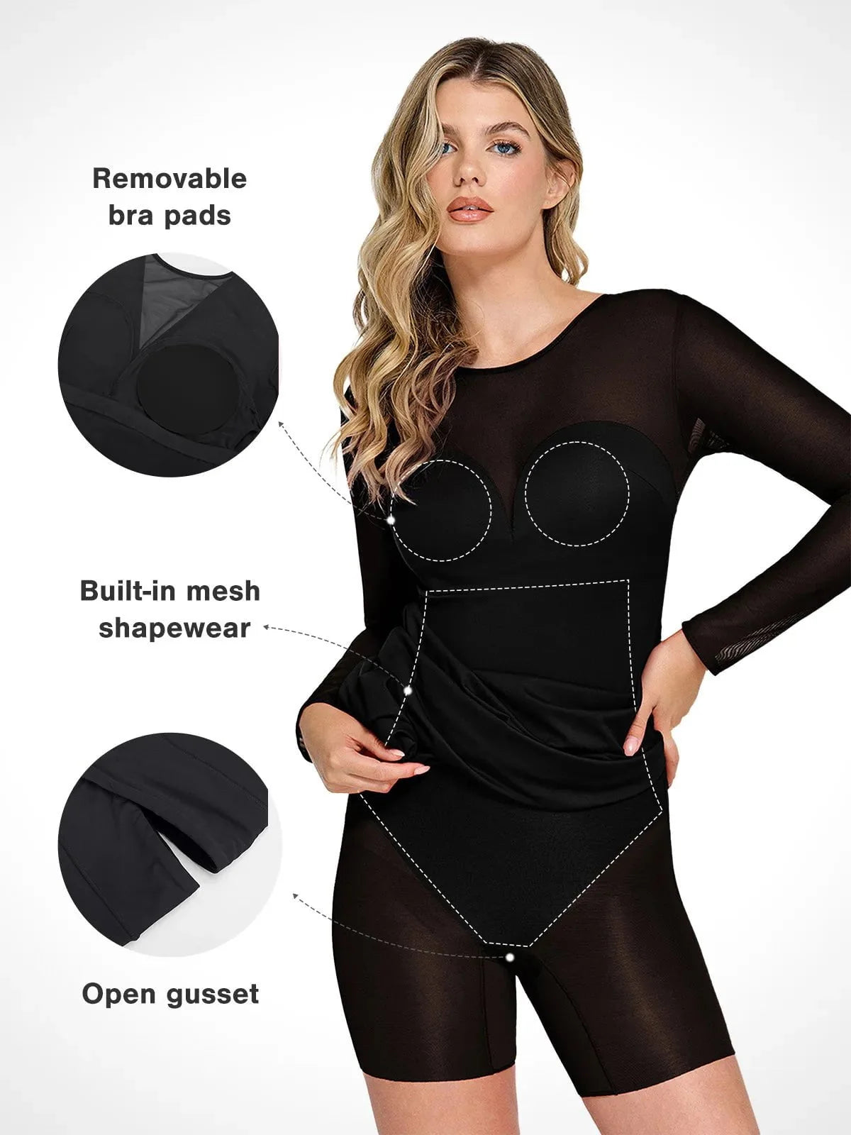 Shapewear Long Sleeve Mesh V-Back Slimming Maxi Dress