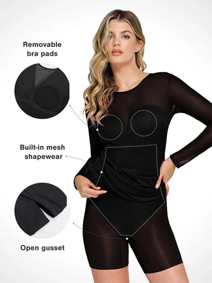 Shapewear Long Sleeve Mesh V-Back Slimming Maxi Dress