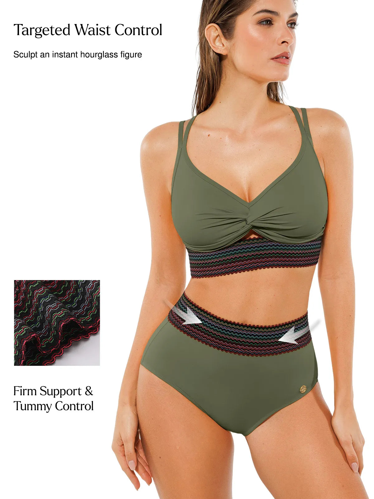 Boho Trim High Waist Tummy Control Bikini Set