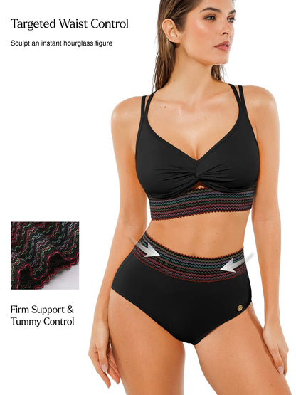 Boho Trim High Waist Tummy Control Bikini Set