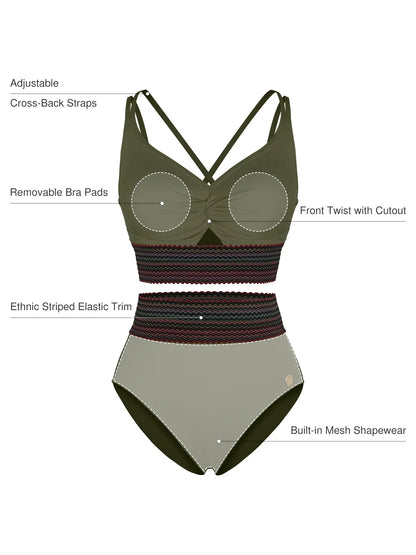 Boho Trim High Waist Tummy Control Bikini Set