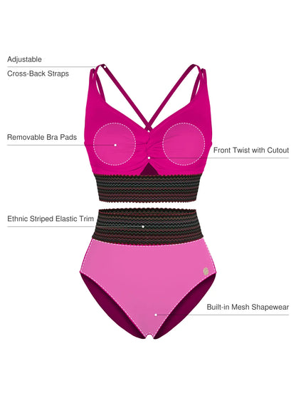 Boho Trim High Waist Tummy Control Bikini Set
