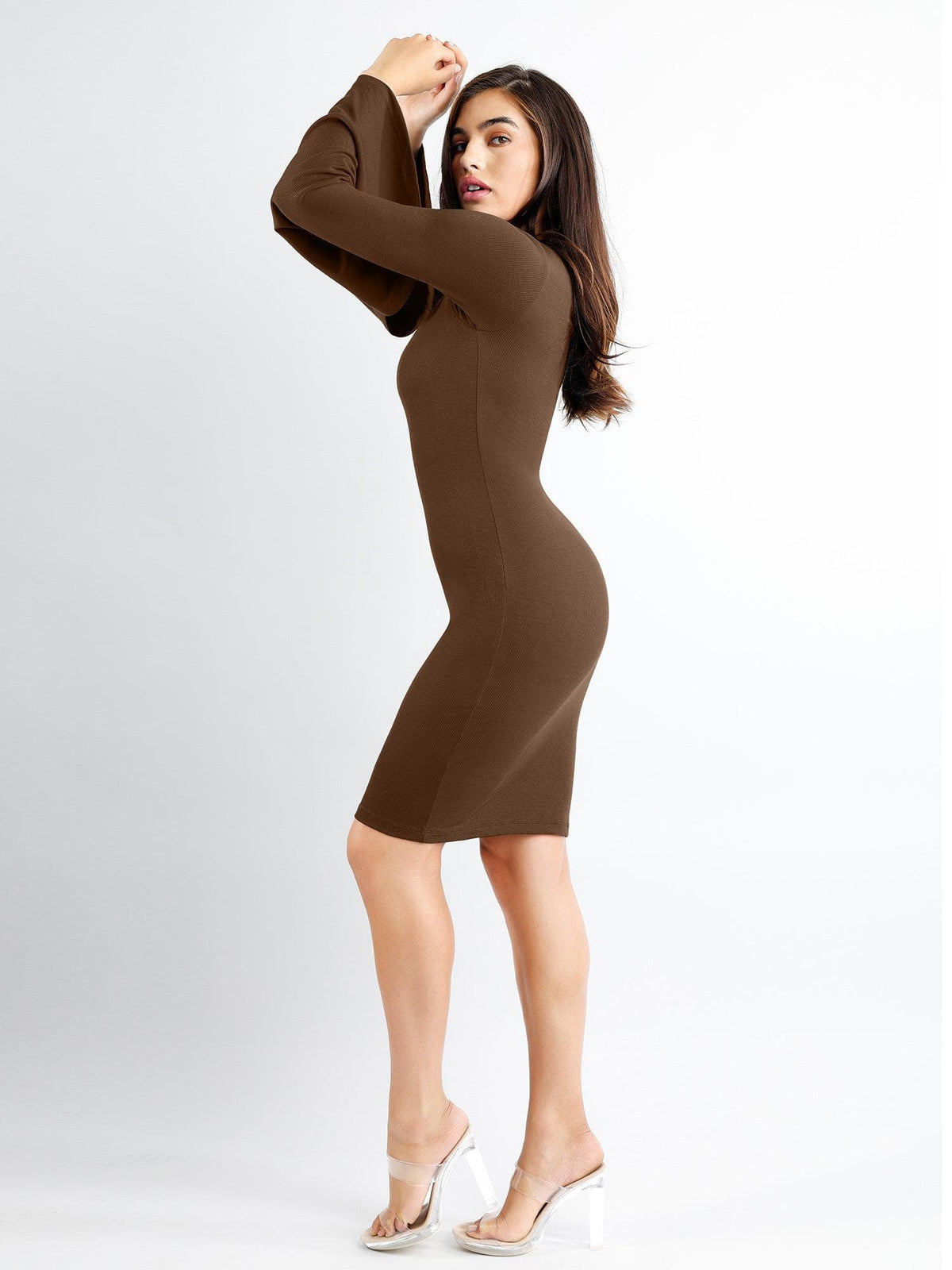 Shapewear Square Neck Bell Sleeve Slimming Midi Dress