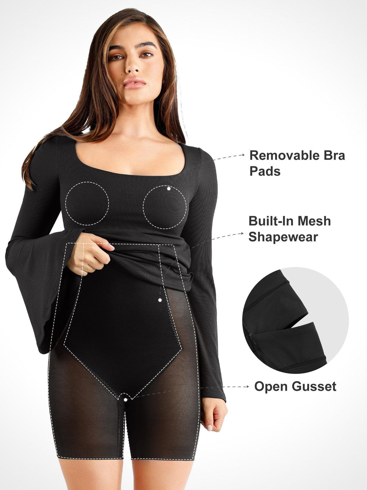 Shapewear Square Neck Bell Sleeve Slimming Midi Dress