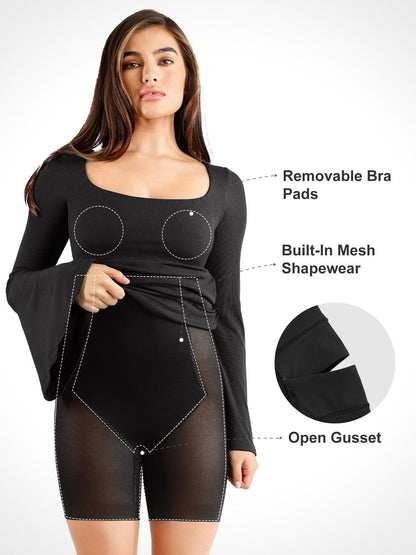 Shapewear Square Neck Bell Sleeve Slimming Midi Dress