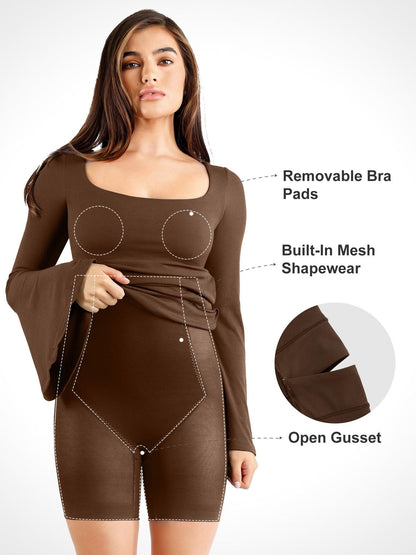Shapewear Square Neck Bell Sleeve Slimming Midi Dress
