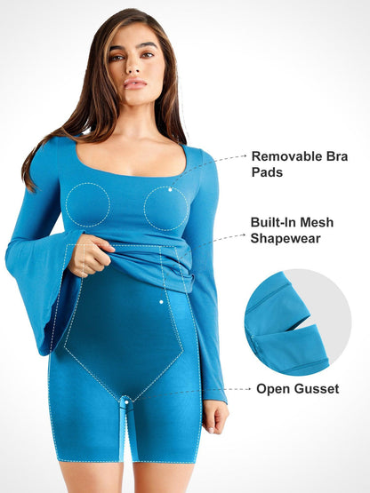 Shapewear Square Neck Bell Sleeve Slimming Midi Dress