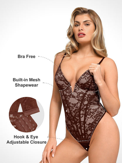 Shapewear Lace Plunging V-Neck  Hourglass Corset Bodysuit