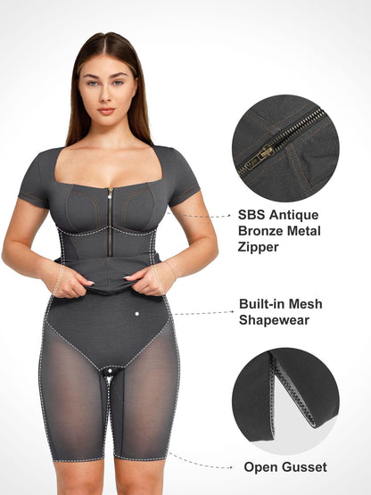 Shapewear Square Neck Denim Tummy Control Midi Dress