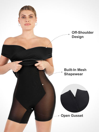 Shapewear Off-Shoulder Ruched Sculpting Midi Dress