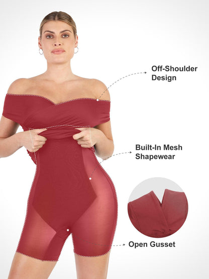 Shapewear Off-Shoulder Ruched Sculpting Midi Dress