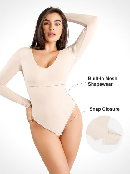 Shapewear V-Neck Long Sleeve Sculpting Bodysuit