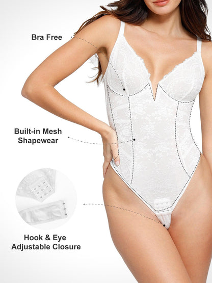 Shapewear Lace Deep Low Back V-Neck Hourglass Thong Bodysuit