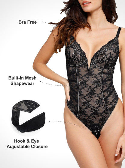 Shapewear Lace Deep Low Back V-Neck Hourglass Thong Bodysuit