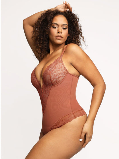 Shapewear Deep V-Neck Lace Sculpting Thong Bodysuit