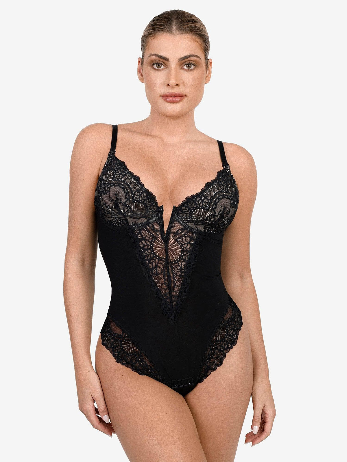 Shapewear Deep V-Neck Lace Sculpting Thong Bodysuit