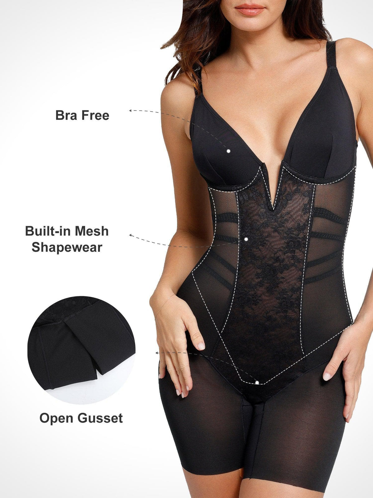 Shapewear Deep V-Neck Lace Tummy Control Mid-Thigh Bodysuit