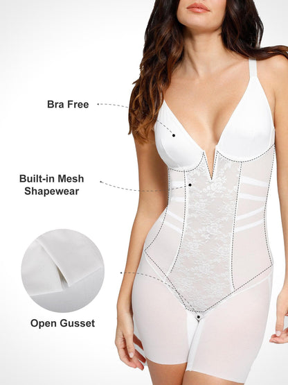 Shapewear Deep V-Neck Lace Tummy Control Mid-Thigh Bodysuit