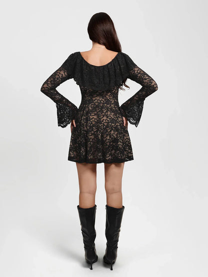 Deep V Ruffle Lace Long Sleeve Shaping Dress