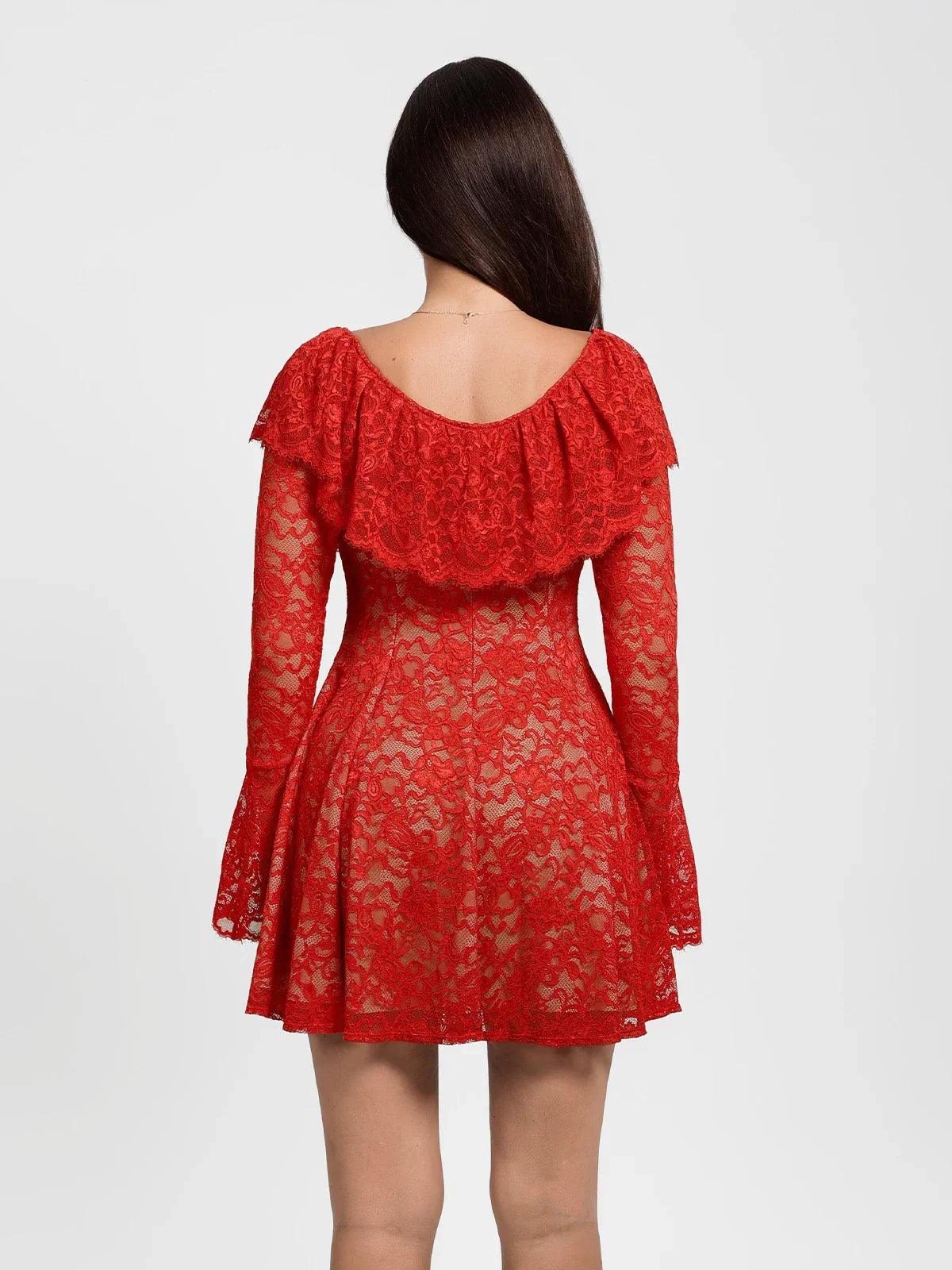 Deep V Ruffle Lace Long Sleeve Shaping Dress