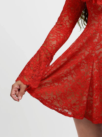 Deep V Ruffle Lace Long Sleeve Shaping Dress