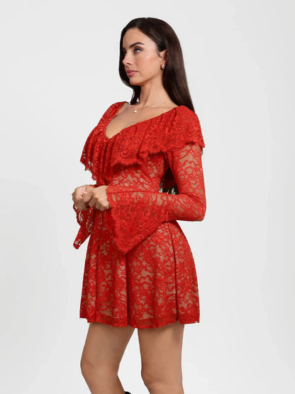 Deep V Ruffle Lace Long Sleeve Shaping Dress