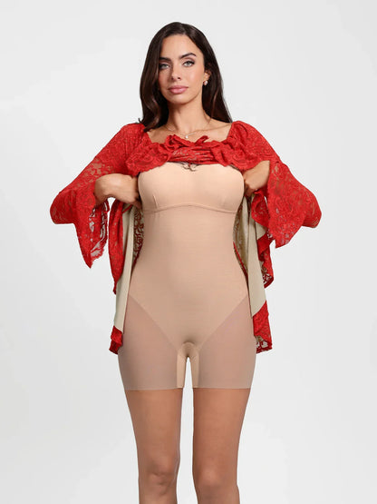 Deep V Ruffle Lace Long Sleeve Shaping Dress