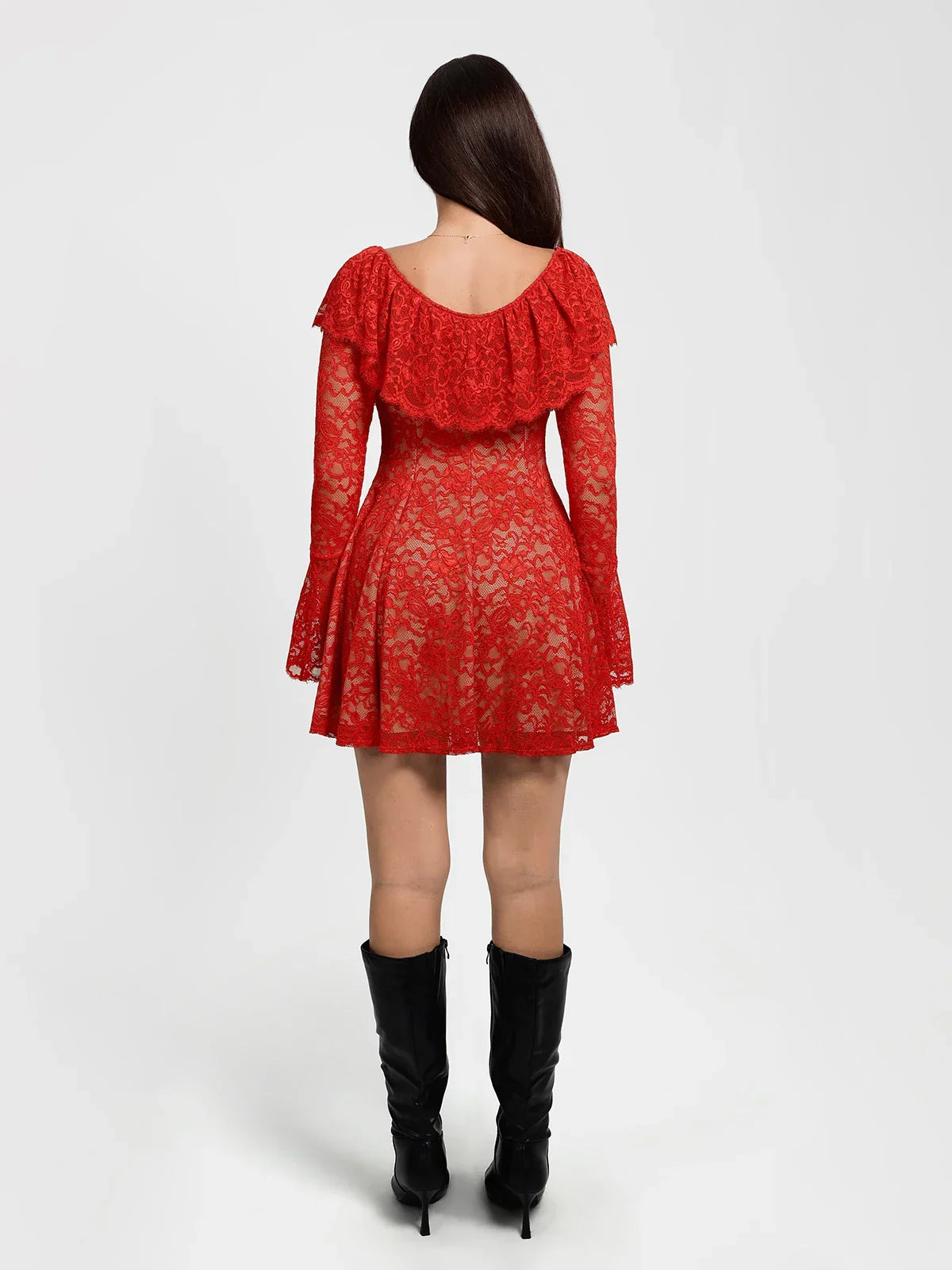 Deep V Ruffle Lace Long Sleeve Shaping Dress