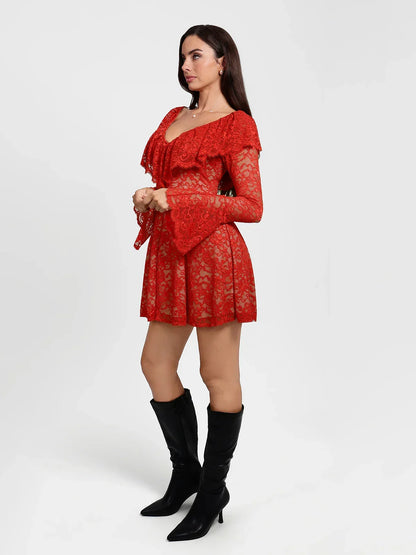Deep V Ruffle Lace Long Sleeve Shaping Dress
