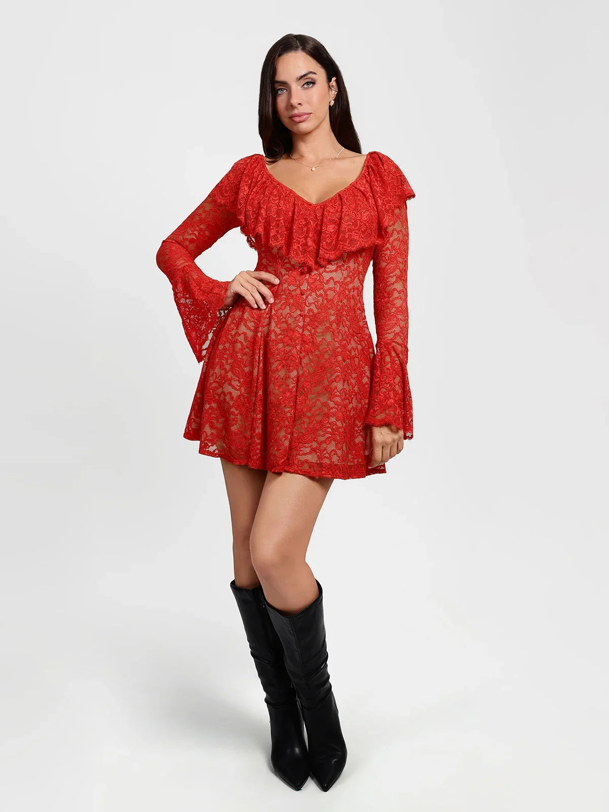 Deep V Ruffle Lace Long Sleeve Shaping Dress