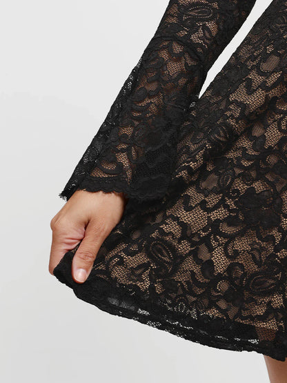 Deep V Ruffle Lace Long Sleeve Shaping Dress