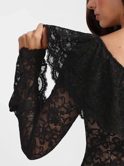 Deep V Ruffle Lace Long Sleeve Shaping Dress
