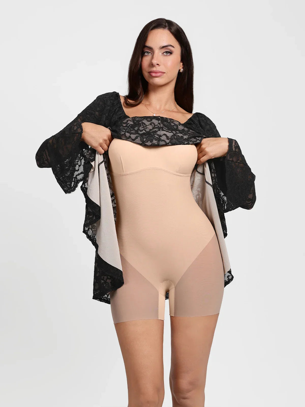 Deep V Ruffle Lace Long Sleeve Shaping Dress