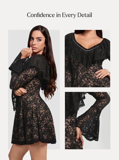 Deep V Ruffle Lace Long Sleeve Shaping Dress
