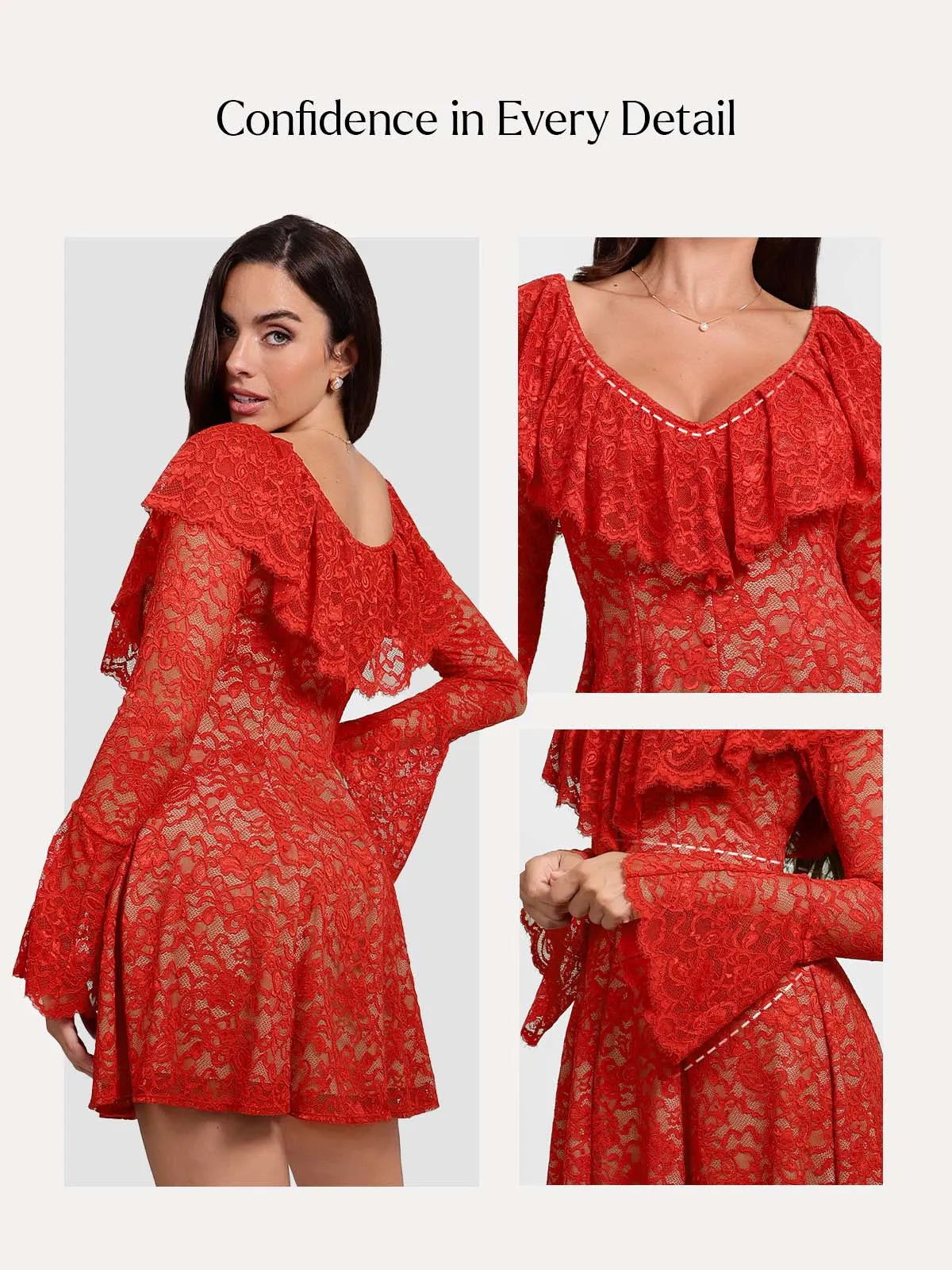 Deep V Ruffle Lace Long Sleeve Shaping Dress