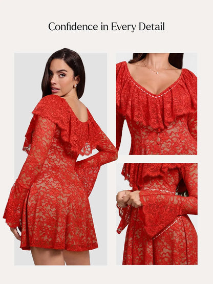 Deep V Ruffle Lace Long Sleeve Shaping Dress