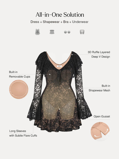 Deep V Ruffle Lace Long Sleeve Shaping Dress