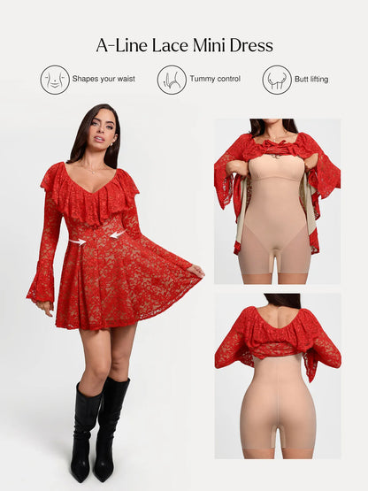 Deep V Ruffle Lace Long Sleeve Shaping Dress
