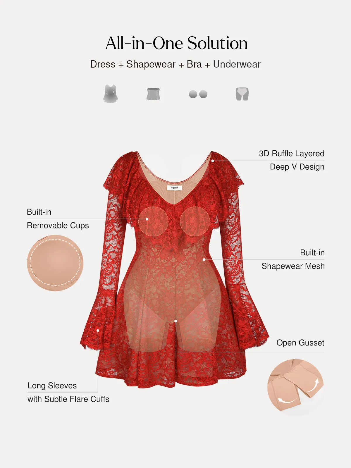 Deep V Ruffle Lace Long Sleeve Shaping Dress