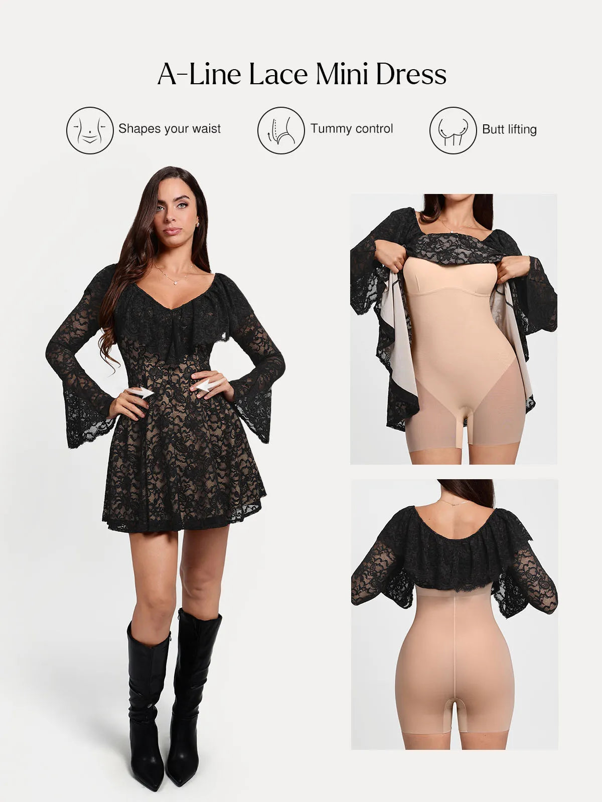 Deep V Ruffle Lace Long Sleeve Shaping Dress